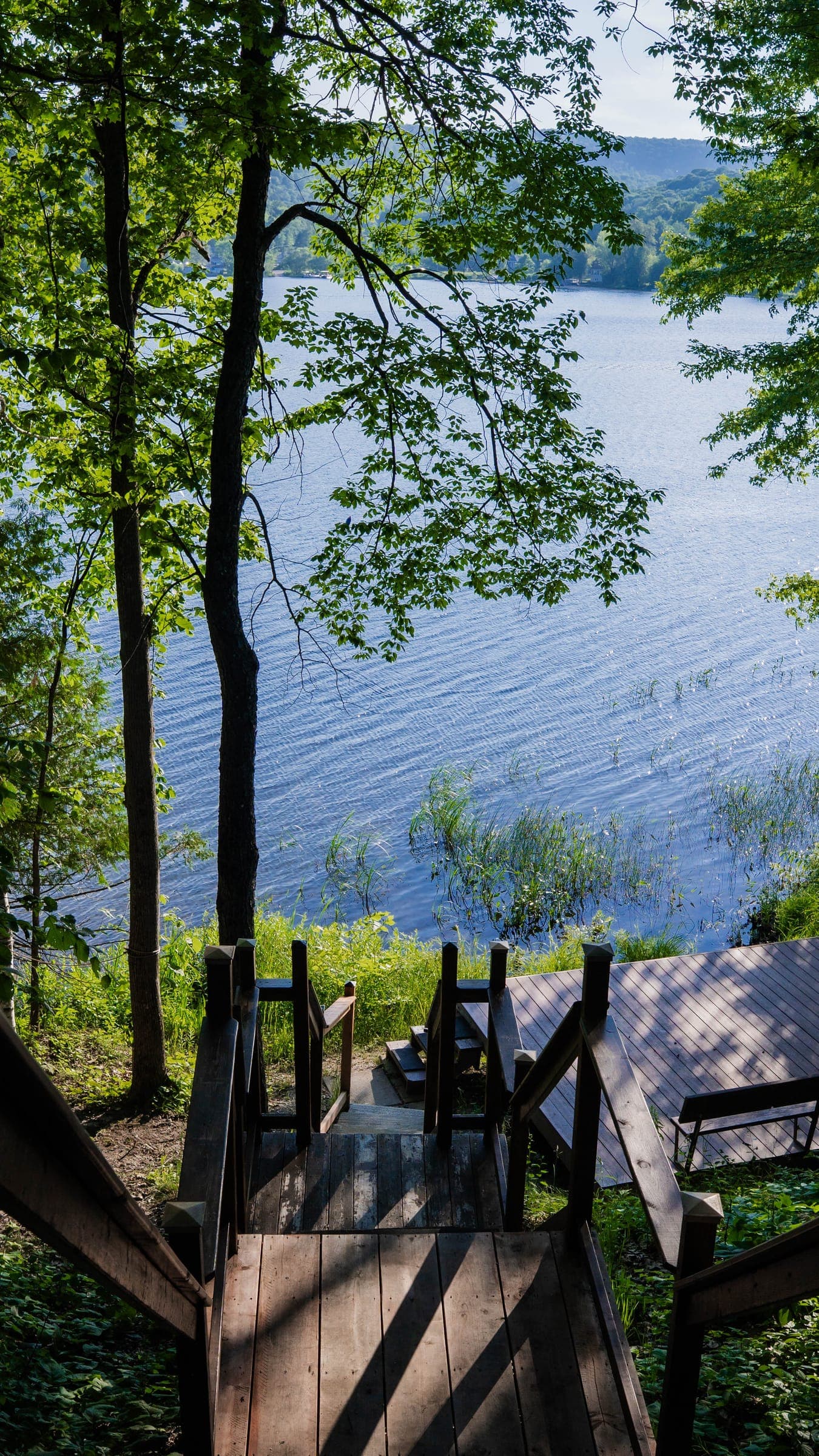 Stairs leading down to a quiet lake